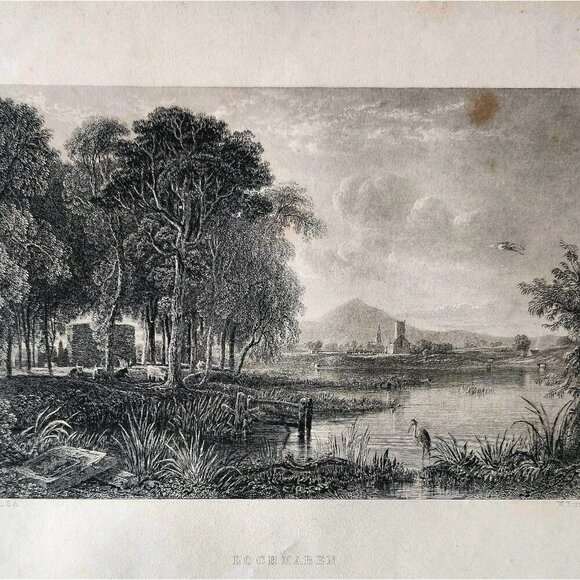 1844 Lochmaben Swamp Landscape Engraving Victorian Scotland Birds Church DWSS18 - Picture 1 of 2